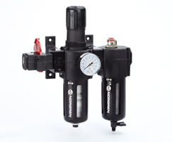 Excelon filtre/regülatör ve yağlayıcı kombinasyon ünitesi, G1/2, otomatik tahliye, 40 µm filtre elemanı, kapatma valflı, göstergeli ve braketli