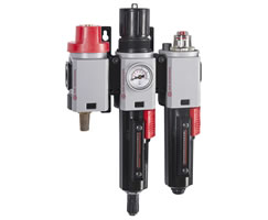 Excelon Plus filtre/regülatör ve yağlayıcı kombinasyon ünitesi, G3/8, otomatik tahliye, kapatma valfsı, gösterge ve braketlerle birlikte