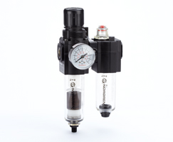 Excelon filtre/regülatör ve yağlayıcı kombinasyon ünitesi, G1/4, otomatik tahliye, 40 µm filtre elemanı, kapatma valfsı, gösterge ve braketler olmadan