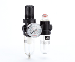 Minyatür filtre/regülatör ve yağlayıcı kombinasyon ünitesi, G1/4, manuel tahliye, 5 µm filtre elemanı, göstergeli, braketsiz