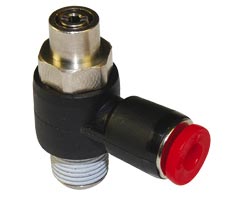 Pneufit C akış regülatörü (dışarı), örtülü banjo, dirsek, R1/4, 6mm