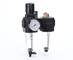 Excelon filtre/regülatör ve yağlayıcı kombinasyon ünitesi, G3/8, manuel tahliye, 40 µm filtre elemanı, kapatma valfsız, göstergeli ve braketli