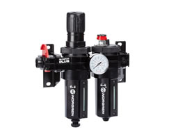 Olympian Plus filtre/regülatör ve yağlayıcı kombinasyon ünitesi, G1/2, manuel tahliye, 40 µm filtre elemanı, kapatma valflı, göstergeli ve braketli