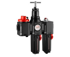 Aşırı uygulamalar için Excelon Plus filtre/regülatör ve yağlayıcı kombinasyon ünitesi, G1/2, manuel tahliye, kapatma valfsı, gösterge ve braketlerle birlikte